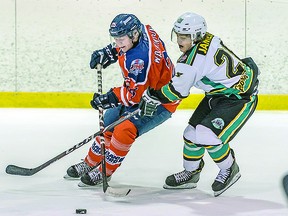 Local product Nick Jameus (right) in action against the Soo Thunderbirds as a member of the Elliot Lake Wildcats. Jameus has since signed up with the Soo Eagles. SPECIAL TO SAULT THIS WEEK