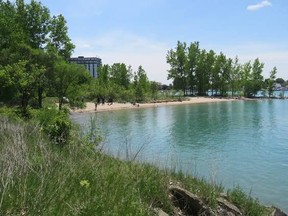 Police officers, Sarnia parks and recreation officials, and people from Drewlo Holdings are pictured at the Cove in early June. Enforcement is being stepped up at the secluded, western edge of Canatara Beach, police announced Monday. (Handout)