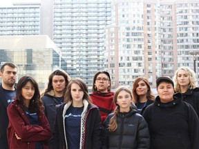 Beze Gray, front right, is one in a group of seven young people arguing provincial emissions-target reductions in 2018 violate the Canadian Charter of Rights and Freedoms. They're pushing for a day in court after the provincial government in April moved the group's case should be thrown out. (Submitted)