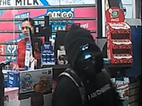Sarnia police are searching for a robbery suspect. Lottery tickets and cash were taken at gunpoint from a Sarnia convenience store early June 29, police said. (Handout)