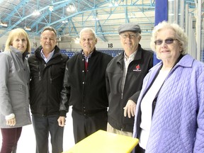 City of Sarnia parks and recreation director Rob Harwood, second from left, has announced he's retiring July 16. He's pictured in 2017 at Sarnia Arena with members of Skate Sarnia – Maureen O'Grady, left, Doug Jackson, second from right, and Barb Lewis, right – along with with fundraising campaign chairperson Greg Burr, centre, during a capital campaign for arena improvements.