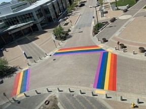 The three-way stop near the Community Centre has been refreshed to celebrate Pride Week, June 1-7. Previously two sides were painted, but council made a point to include all three through a motion passed earlier this year.
Photo courtesy Judy Ferguson/Volunteer Strathcona
