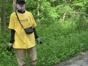 Nancy Sherwin joined other Rotary Club of Norfolk Sunrise work crew members Saturday to remove a dense stand of garlic mustard along the Rotary Sunrise Trail in Simcoe.