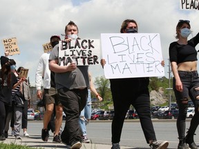 Hundreds of people took part in a protest against racism and police brutality in Sudbury, Ont. on Wednesday June 3, 2020. A demonstration was held at Memorial Park, followed by a march to the Bridge of Nations.
