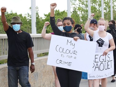Hundreds of people lined both sides of the Bridge of Nations during a protest against racism and police brutality in Sudbury, Ont. on Wednesday June 3, 2020. John Lappa/Sudbury Star/Postmedia Network