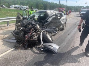 The driver of the car, pictured, has been charged with careless driving and failing to stop at a stop sign, after colliding with a commercial vehicle Tuesday on Highway 17 at Municipal Road 55. The driver suffered minor injuries, while a passenger was sent to hospital with non-life-threatening injuries.