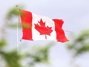 A Canadian flag hovers over trees in Sudbury, Ont. on Thursday June 11, 2020. The enormous flag is located off Falconbridge Road. John Lappa/Sudbury Star/Postmedia Network