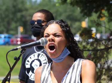 TiCarra Paquet addresses a crowd at the Black Lives Matter: Juneteenth Racial Injustice Rally at Bell Park in Sudbury, Ont. on Friday June 19, 2020. John Lappa/Sudbury Star/Postmedia Network