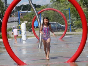Marianna, 7, cools off at the splash pad at the DJ Hancock Memorial Park on Monday. Environment Canada said Greater Sudbury will cool off on Tuesday with showers and a risk of a thunderstorm. The high is expected to reach 22 C.