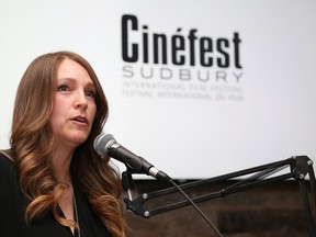 Tammy Frick, executive director of Cinefest, speaks at a media conference in 2019. The festival is going ahead this fall with a hybrid model featuring some screenings in theatres and some online.