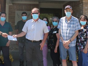 From the left are Roger Leveillé, site administrator for St. Joseph's Villa; Doug Conroy, manager of human resources for Glencore Sudbury Integrated Nickel Operations; and Marcel Charron, president of Mine Mill Local 598/Unifor. Earlier this month, Charron approached Glencore to ask if it could either donate personal protective equipment or provide funding to St. Joseph's Villa and Villa St. Gabriel Villa to purchase of PPE. Glencore donated $10,000 to buy personal protective equipment at St. Joseph's and Villa St. Gabriel. Supplied