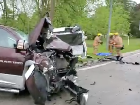 A three-vehicle collision at the intersection of Highway 59 and Talbot Road in Courtland sent five people to hospital on Sunday afternoon. (OPP PHOTO)