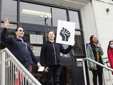 From left, Vanessa Genier, mother of Karynanne (Kendrick) Jeremiah, a Timmins Youth, in middle, led an anti-racism demonstration outside the city hall on Wednesday along with the city councillor, Kristin Murray, on right with her daughter. The protest was in reaction to the death of George Floyd, an African American man killed last week by a white police office in Minneapolis.

RICHA BHOSALE/The Daily Press