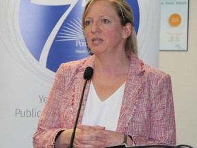 Dr. Lianne Catton, medical officer of health for the Porcupine Health Unit, is seen here addressing reporters and members of the city and the health care community at a press conference in March.

 Elena De Luigi/The Daily Press