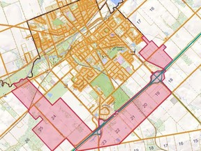 Ingersoll will be getting a large chunk of land in the new year. The long discussed boundary adjustment between Ingersoll and South-West Oxford Township was formally approved by the Ministry of Municipal Affairs and Housing Dec. 15. The proposed agreement would see 627 hectares - marked by the pink highlighted areas - transfer to Ingersoll to provide the town with much needed land to grow.
(Handout)