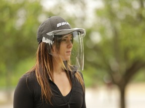 The Bauer Integrated Cap Shield can attach to the brim of a baseball cap or be worn separately to provide eye, nose and mouth splash coverage. (Supplied)