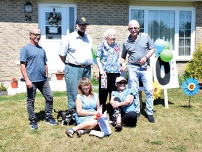Photo by KEVIN McSHEFFREY/THE STANDARD
On June 18, several of Louisa Taylor’s family travelled to Elliot Lake to celebrate her 100th birthday. They are: front row granddaughter Jennifer Belland and her daughter Cynthia Weisbrod. Back row: Greg Belland (Jennifer’s husband), Louisa’s son Stuart, Louisa and her eldest son Martin.