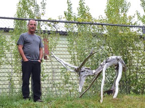 Photo by KEVIN McSHEFFREY/THE STANDARD
Elliot Lake resident Richard Roy is proud of the art he creates using driftwood he finds on beaches at area lakes. He displays this driftwood sculpture of an elk in his backyard.