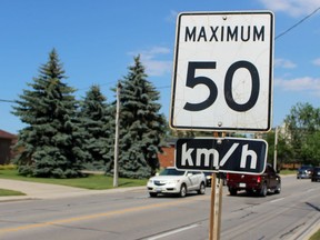 Vehicles pass a sign stating the speed limit is 50 km/h on Exmouth Street on Tuesday June 30, 2020 in Sarnia, Ont. (Terry Bridge/Sarnia Observer)