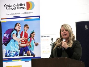 Age-Friendly Sarnia-Lambton and initiative coordinator Amy Weiler have moved to Lambton Elderly Outreach from the City of Sarnia. Weiler is pictured at St. Michael school in Bright's Grove last November, announcing grant money for a Safe Routes to School program in Sarnia.  Tyler Kula/Sarnia Observer/Postmedia Network