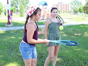 Maddie Corriveau, 11, left, along with her friend, Taylor Hachez, 12, were having a ball in Hollinger Park, enjoying the sunshine and warm temperatures Monday afternoon. Clear sunny skies and hot weather are expected to continue for a couple of more days with the Timmins forecast calling for a daytime high on Canada Day of 32 C.

RICHA BHOSALE/The Daily Press