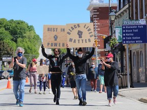 The Ritchie family leads hundreds of participants who gathered in Wiarton Saturday morning to march in support of the Black Lives Matter movement. Greg Cowan/The Sun Times