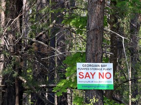 A sign in opposition of TC Energy's proposed pump storage plant is posted off 7th Line near the Armed Forces’ 4th Canadian Division Training Centre in Meaford. Greg Cowan/The Sun Times
