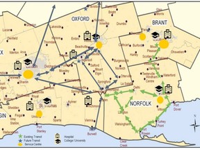 A map of the connection points for the inter-community bus system that would connect much of Southwestern Ontario. (Handout)