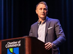 Chris Warkentin, Conservative Party candidate for the riding of Grande Prairie-Mackenzie in the 43nd federal election, at the 2019 All-Candidates Forum on Thursday, Oct. 10, 2019, at the Douglas J. Cardinal Performing Arts Centre at Grande Prairie Regional College in Grande Prairie, Alta.
