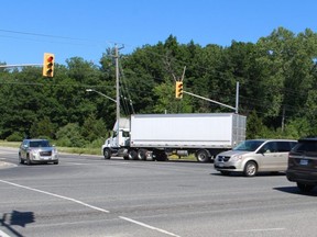 Traffic is pictured July 2 at the intersection of Wellington Street and Highway 40 in Sarnia. A $50,000 traffic study including the intersection was recently approved by city council, to make it easier for development at the Sarnia Research and Business Park. (Paul Morden/ The Observer)