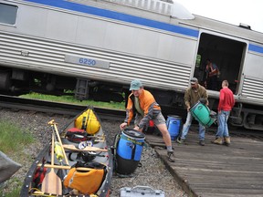 VIA Rail's Budd Car train pulls into the Cartier train station. Many canoe trippers use the train to begin journeys on the Spanish and Mississagi Rivers.