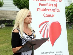 Karen Falldien Yawney speaks during a press conference at Timberwolf Golf Club in Garson, Ontario, on Tuesday, July 7, 2020. Falldien Yawney hopes to raise $10,000 through Karen for Kids with Cancer, a fundraiser in support of Northern Ontario Families of Children with Cancer.