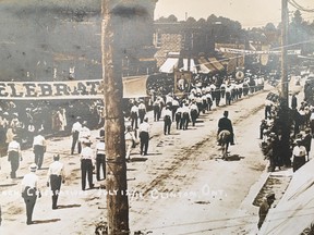 Loyal Orange Lodge parade marching north on Albert Street in Clinton on July 12, 1916. David Yates photo