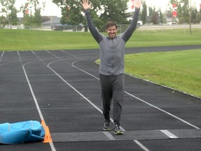 Valleyview resident Matt Shepard (shown here) crosses the finish line on Tuesday morning at the Legion Field track. Shepard was attempting to break the Canadian ultra marathon record of 840 kilometres, but fell short after picking up a knee injury on Saturday afternoon. “Shep” finished up the six-day event, logging in with 551.2 km.