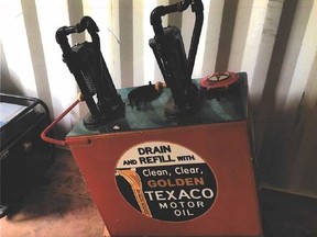 A restored vintage Texaco Oil pump has been located in the north end of Peace River near a gravel path.