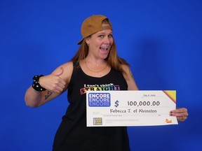 Rebecca Johnston, of Alvinston, claimed a $100,000 Encore prize from the Ontario Lottery and Gaming Corporation.