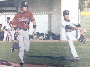 For the most part the pitching and the defence were good for the No. 1 Spruce Grove midget Triple A White Sox, shown here in action earlier this year against the Edmonton Cardinals No. 1 team, but the offence was missing as they won only once in the four games they played and were eliminated in the second round of playoff action.