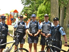 Meet your 2020 Stratford Police Service park-patrol officers. From left, Gracie Dafoe, Brooke DeYoung, Morgan Rolph, Daniel Pachecko, and Madeline Atchison. (Galen Simmons/The Beacon Herald)