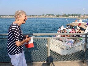 Sarnia's Patricia Greenwood was surprised when the Michigan relatives she expected to see gathered on the Port Huron shore across the St. Clair River from Point Edward Thursday showed up in a boat instead to celebrate her 80th birthday.