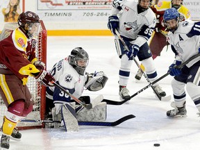 Nickel Capital Wolves goalie Jake Marois keeps his eye on the puck as it slides away from his net during the third period of a GNML contest at McIntyre Arena in Timmins, Ontario on Saturday, January, 11, 2020. Marois provided shutout goaltending as the Wolves blanked the Majors 5-0.