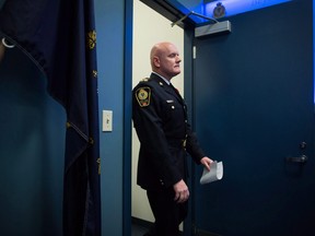 Vancouver Police Chief Adam Palmer arrives for a news conference in Vancouver, B.C., on Wednesday November 8, 2017. Canada's police chiefs are calling for decriminalization of personal possession of illicit drugs as the best way to battle substance abuse and addiction. (Darryl Dyck, The Canadian Press)