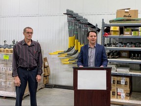 L to R: John Fehr, board chair, Northern Lights Gas Co-op; Devin Dreeshen, Minister of Agriculture and Forestry; and Dan Williams, MLA of Peace-River, announce support for rural utilities in La Crete.