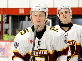 Forward Tyler Gilberds, foreground, shown here celebrating one of his 18 goals with teammate Riley Robitaille last season, will be back in a Timmins Rock uniform when the 2020-21 NOJHL campaign gets underway. The Rock are projecting to have between 12 and 14 veterans back in the lineup as they take a serious run at an NOJHL championship. THOMAS PERRY/THE DAILY PRESS/POSTMEDIA NETWORK