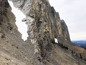 The scree section on the front side of Mount Yamnuska. Photo Marie Conboy.