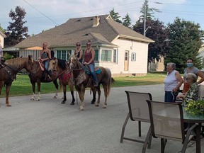 Four girls on horseback came to visit the residents at Sepoy Manor Retirement Home in Lucknow on Thursday, July 9. While infection prevention protocols were followed, the residents enjoyed the nice surprise. L-R: Rachel Bennett, Braidyn Ovecka, Tori Cutting and Brianne Toper.