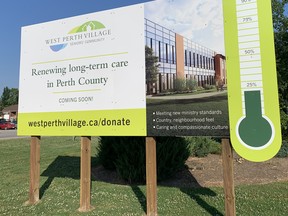 A new sign, with a thermometer marking fundraising efforts, has been set up in front of the West Perth Village reconstruction project at the site of the Ritz Lutheran Villa. ANDY BADER/MITCHELL ADVOCATE