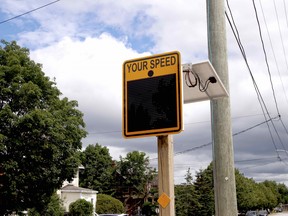 A radar speed sign is seen on Jane Street near École secondaire catholique Algonquin. The city recently received two signs, currently on Jane Street and Lake Heights Road, that will move to areas in the city where complaints have been made about speeding. Michael Lee/The Nugget