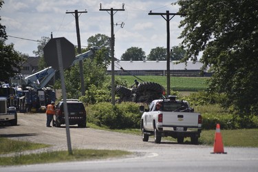 Daniel Road just off Plank Line in South-West Oxford remained closed for much of Tuesday afternoon as crews worked on scene after a crash between a tractor and a train. (Kathleen Saylors/Woodstock Sentinel-Review)