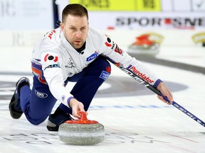 Skip Brad Gushue of St. John's releases a rock during the third draw at the Grand Slam of Curling's Princess Auto Elite 10 at Thames Campus Arena in Chatham on Sept. 27, 2018. Organizers for Pinty’s Grand Slam of Curling Season have announced that the 2020 Masters event, scheduled to take place from Oct. 20 to 25 at Sarnia Arena, has been postponed until 2021. File photo/Postmedia Network
