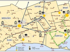 A map of the connection points for the inter-community bus system that would connect much of Southwestern Ontario. Handout